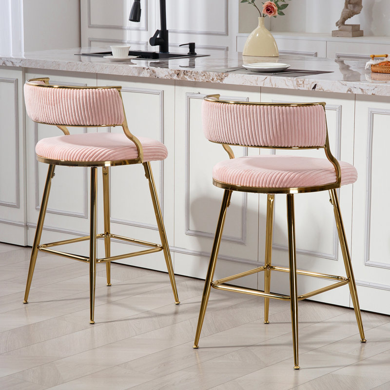(Set Of 2) 26'' Counter Height Bar Stools Corduroy Kitchen Island Counter Bar Stool With Back,Golden Chromed Base And Footrest (Pink)