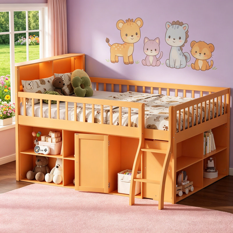 Lit mezzanine double avec rangement, tête de lit à DEL et finition naturelle pour un style de vie compact et élégant, Full