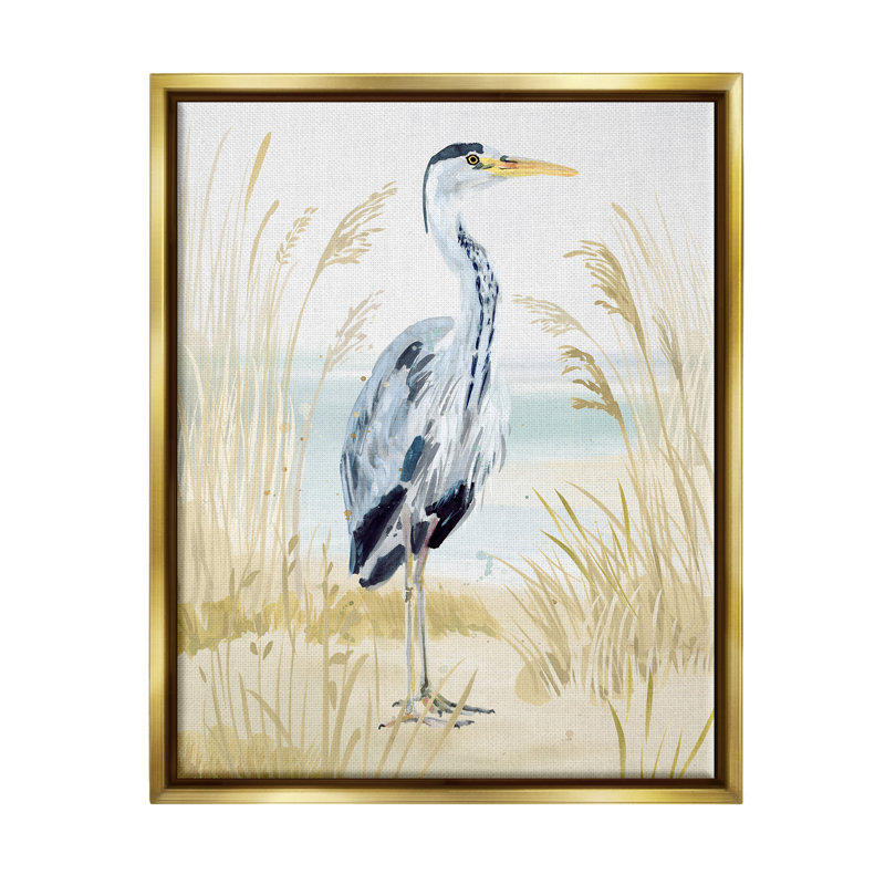Modern Heron On Beach, reproduction d'art sur toile, Cadre flottant métallique doré, H 31 po x l 25 po x P 1,7 po