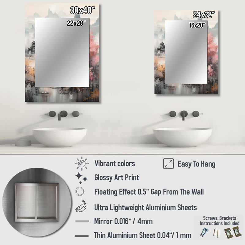 Golden Whispers Of Japon II - miroir japonais, miroir mural traditionnel unique, impression d'art en métal, 32 po x 24 po