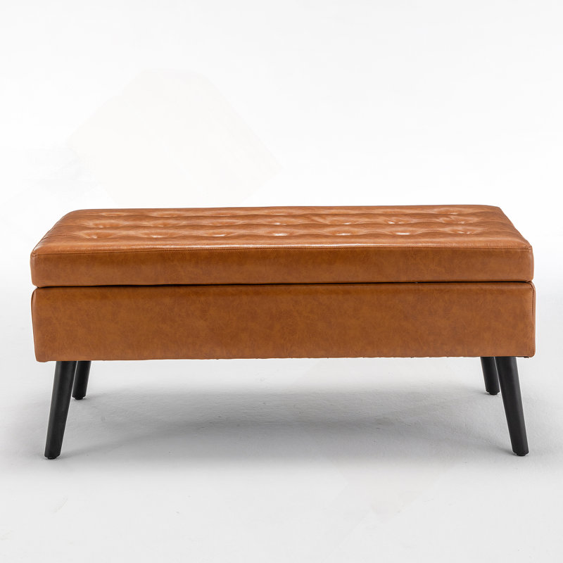 Tufted Storage Ottoman Bench | Solid Wood Legs, Safety-Hinged Lid for Bedroom End of Bed & Entryway, Brown