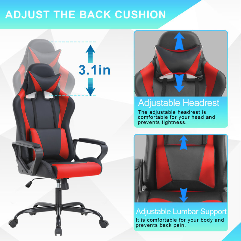 Adjustable High-Back Executive Gaming Chair With Lumbar Support And Rolling Casters For PC Executive High-Back Chair For Gaming And Office With Ergonomic Features, PU Leather