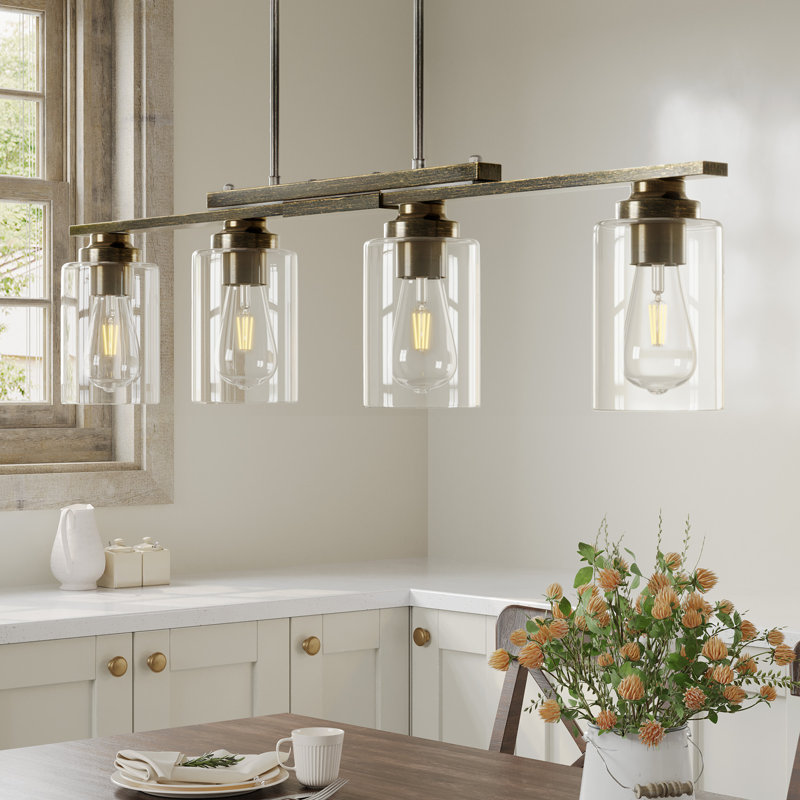 Luminaire suspendu pour îlot de cuisine avec abat-jour en verre transparent de 60 watts à 4 lumières noir et or antique