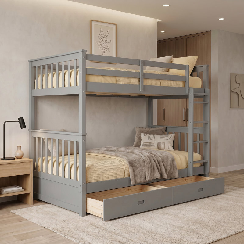 Twin-Over-Twin Bunk Bed With Ladders And Two Storage Drawers, Separable Solid Pine Wood Bed, Grey