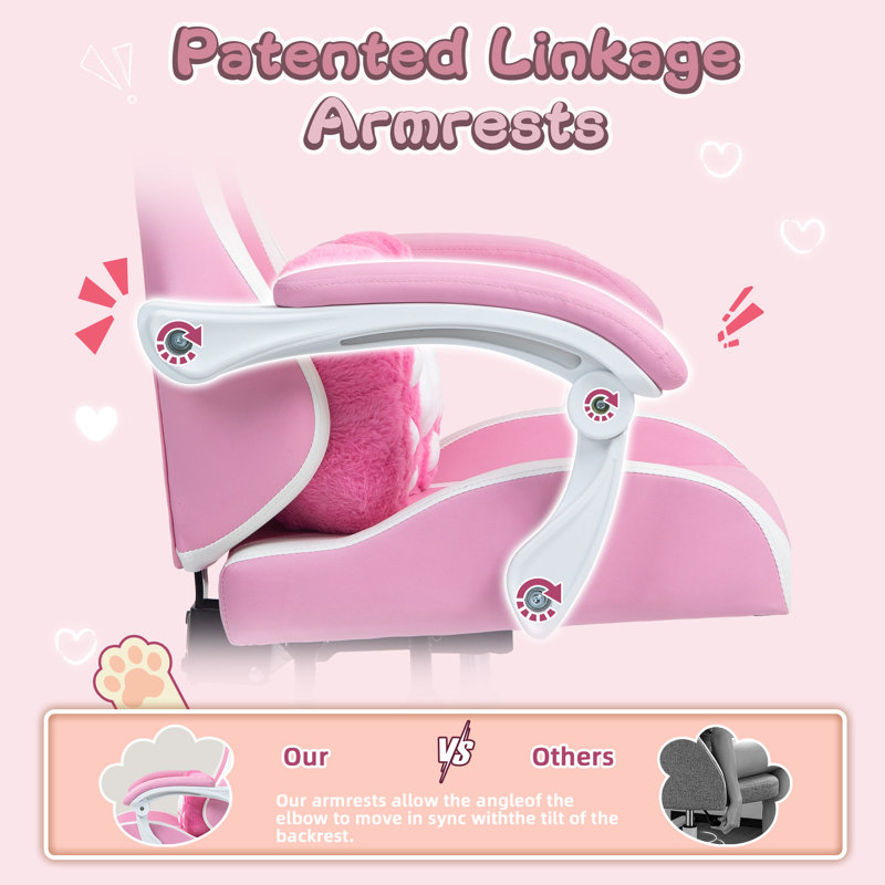 Cute Gaming Chair with Cat Paw Lumbar Cushion and Cat Ears, Ergonomic Computer Chair,Reclining PC Game Chair for Girl