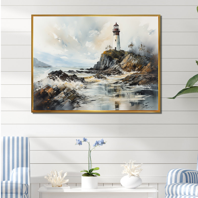 «Coastal Light House Scenery Minim 8E23Fffd», reproduction sur toile, Cadre flottant doré, H 30 po x l 40 po x P 1,5 po