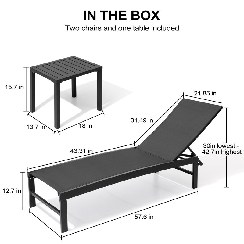Ensemble de chaise longue inclinable en métal pour patio avec table d'appoint en aluminium, Noir