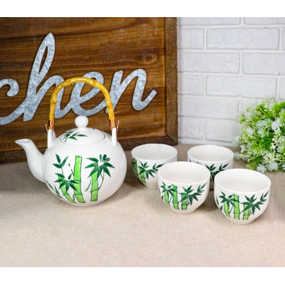Green Bamboo Forest Porcelain 30Oz Teapot With Bamboo Handle And 4 Tea Cups Set