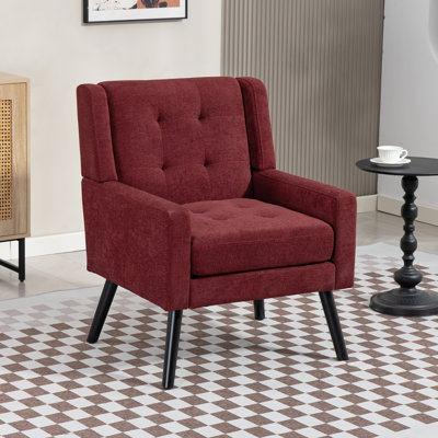 Fauteuil d'appoint moderne du milieu du siècle, 68 cm (26,77 po), revêtement en lin, fauteuil confortable avec dossier capitonné, coussin en mousse haute densité et pieds en bois massif