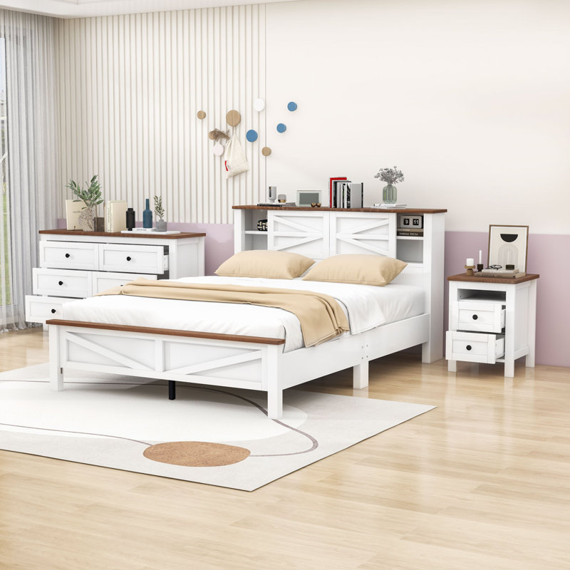 Ensemble de chambre à coucher 3 pièces Berty, Blanc, brun, Grand
