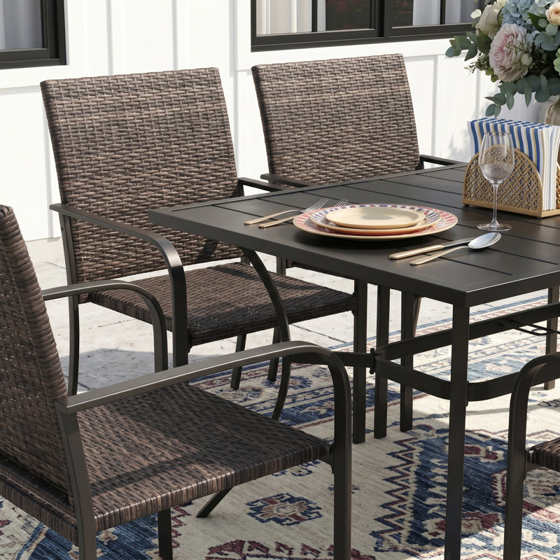 6-Person Rectangular Patio Dining Set With Pe Rattan Chairs
