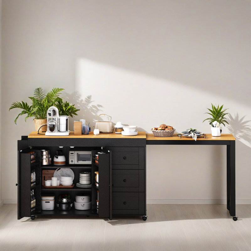Hub de cuisine 2 en 1, table de salle à manger extensible + îlot de cuisine roulant, Noir
