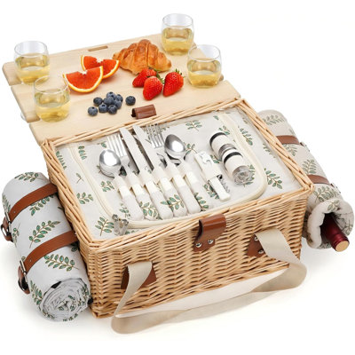 Panier de pique-nique pour 4 personnes, ensemble de pique-nique en osier fait à la main avec table pliante et couverture imperméable, grand panier de pique-nique isolé avec sac à vin et ensemble de couverts pour pique-nique, camping, vacances (feuille)
