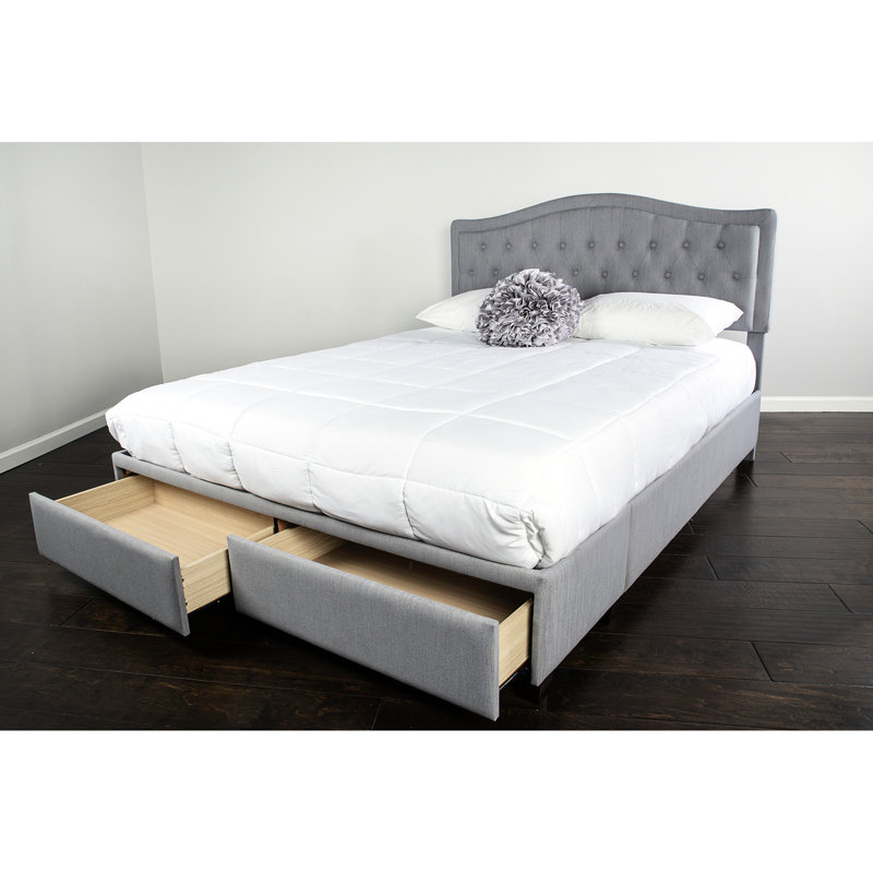 Grand lit rembourré avec compartiment de rangement, tissu gris, P 83 po x l 64,5 po, H 43,5 po, 2 tiroirs, 81,49 64,56 42,81 po
