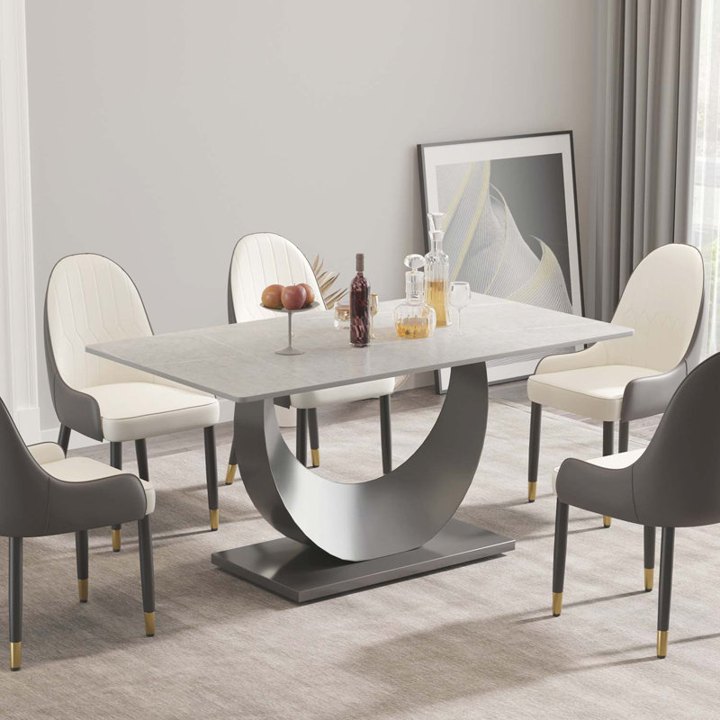 Kentrez Stone Top Metal Base Dining Table, Gray, 35.43" W x 63" L