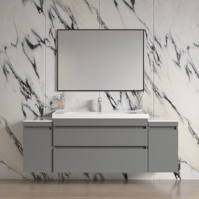 Ensemble de meuble-lavabo mural simple 39,6 po avec plateau en céramique et miroir Jakeel