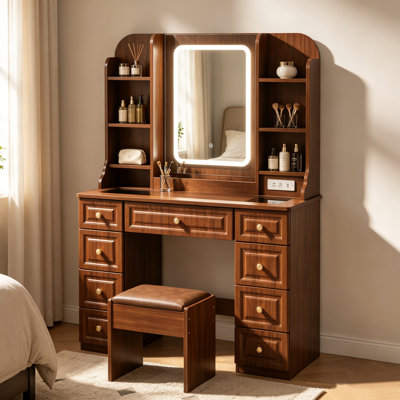 Bureau de maquillage avec miroir et lumières, 9 tiroirs, 6 tablettes ouvertes, plateau en verre trempé, éclairage à DEL 3 couleurs, station de charge, tabouret