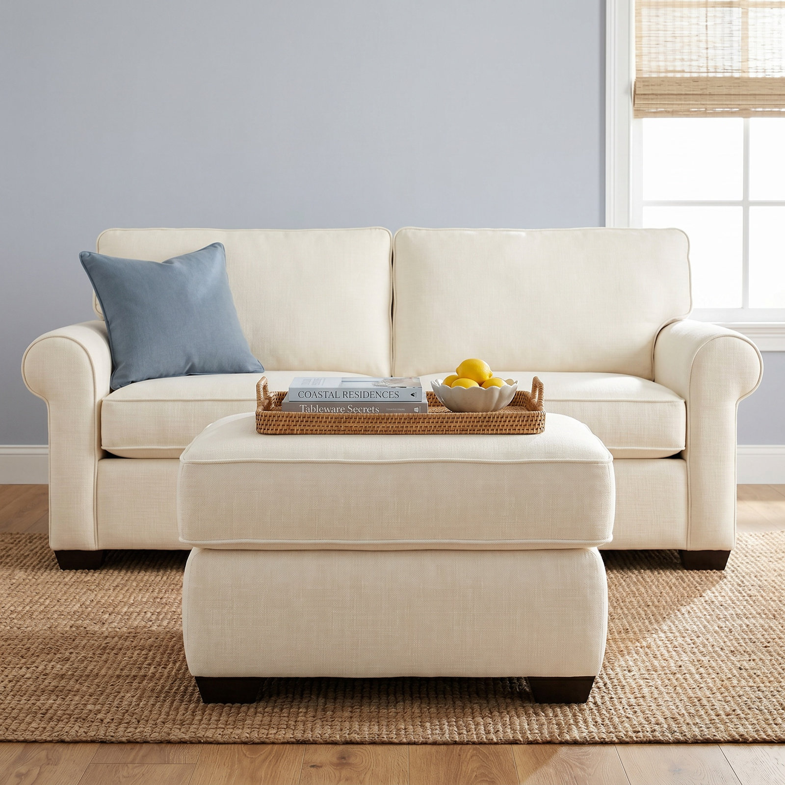 Gemi 29" Cotton Upholstered Ottoman, Conversation Pearl
