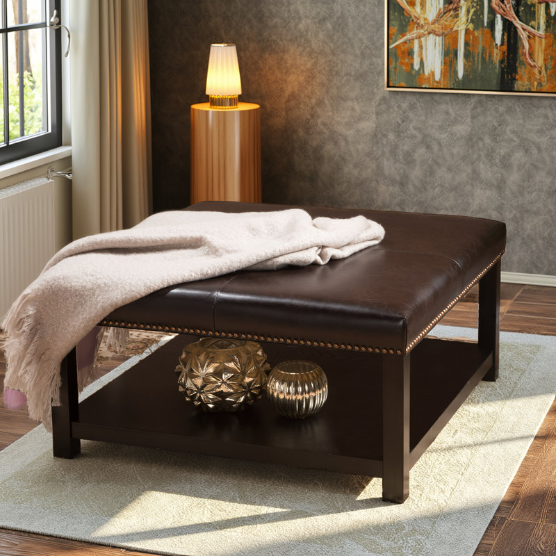 Grand banc repose-pieds carré brun en similicuir - table basse avec repose-pieds et support en bois de bouleau massif 35 po x 34 po, très grande pièce décorative de salon