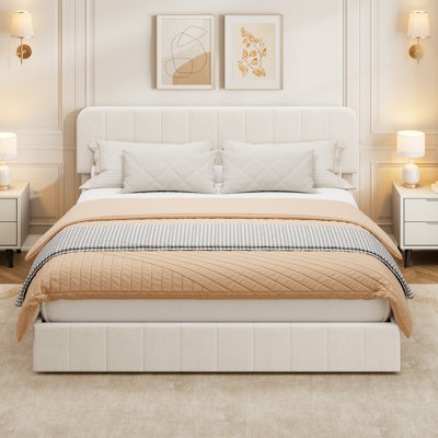 King Size Velvet Bed Frame with Adjustable Headboard, Upholstered Platform Bed with Vertical Channel Tufted Design, No Box Spring Needed, Easy Assembly, Beige