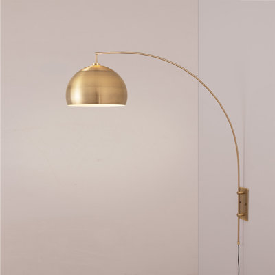 Half Dome Wall Mounted Arc Lamp - Weathered Brass Steel, Brass Steel Base, White Linen Half-Dome, Dimmable, Bulb Included