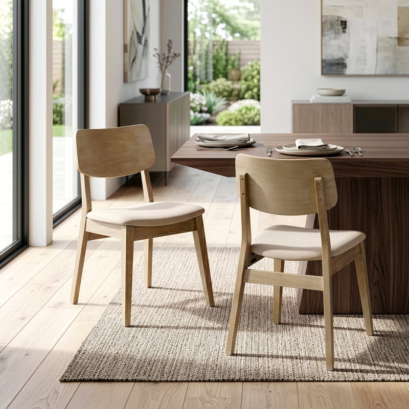 Ensemble de 2 chaises en bois lavé Astin avec siège en tissu beige, Beige Frame with Beige Seat