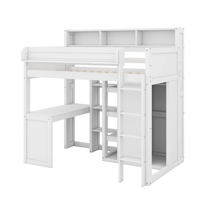 Lit mezzanine en bois avec tablettes et garde-robe, White
