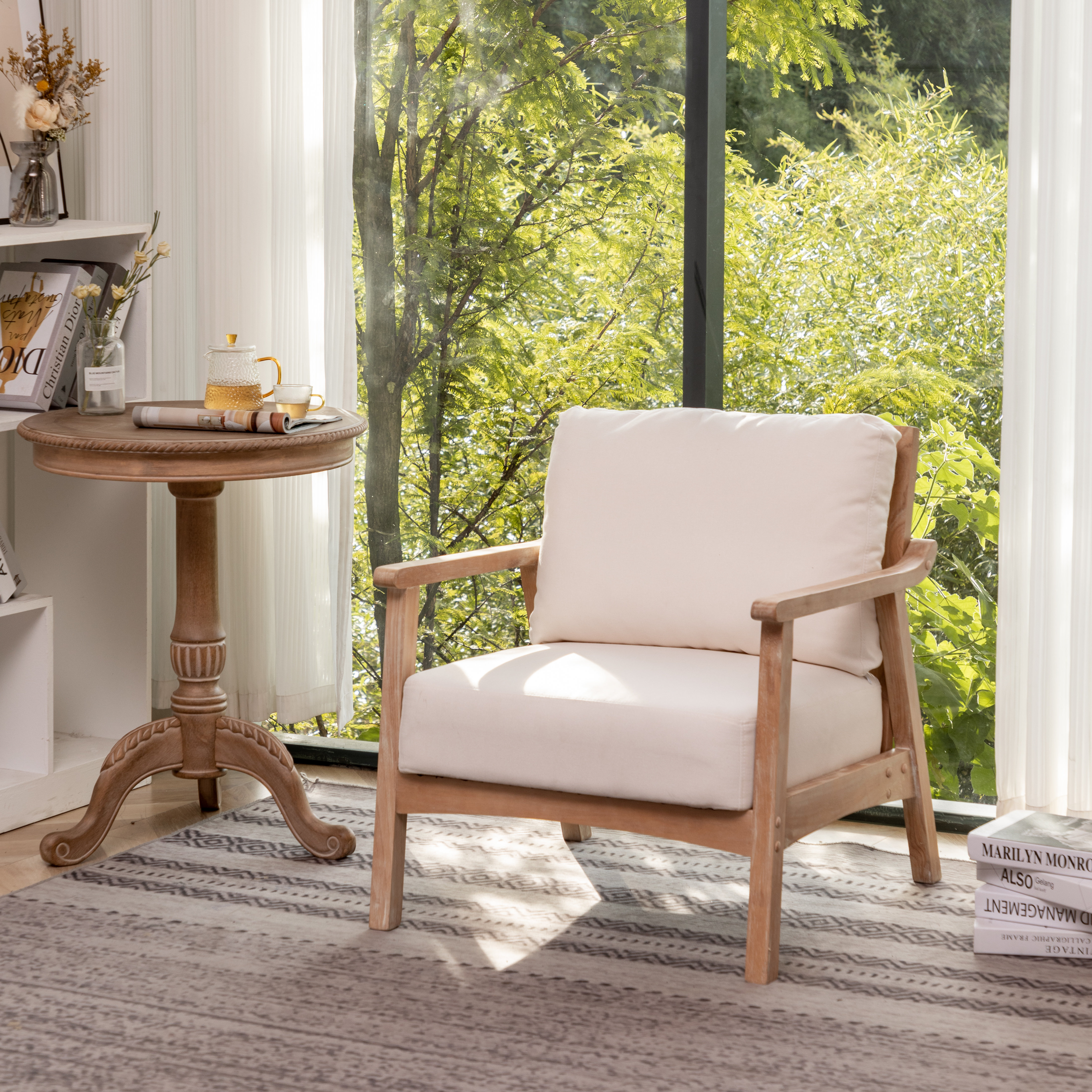 Hertford Upholstered Linen Blend Accent Chair with Wooden Legs and One Pillow Sand & Stable Fabric: Beige Linen Blend