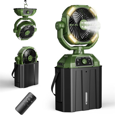 Misting Fan Portable 6L Bucket Camping Fan With Led Light Remote & Hook, 4 Spray Mister, Green
