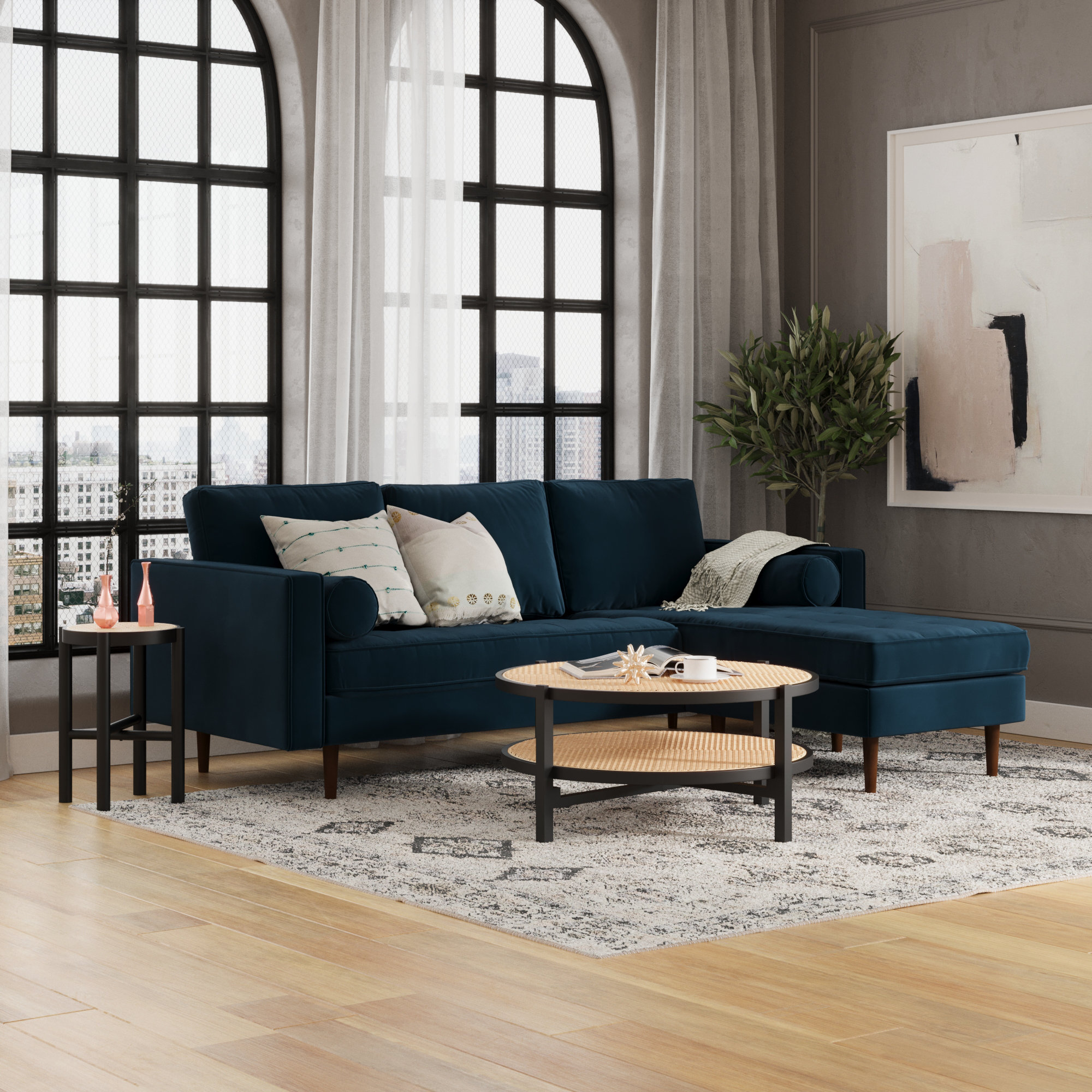 Geo 84" Wide Reversible Sofa and Chaise, Bella Ink Blue Performance Velvet