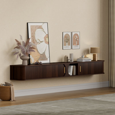 86.6"" Floating TV Stand with Sliding Tambour Doors, Wall-Mounted Media Console with Storage and RGB Lights for TVs up to 90"