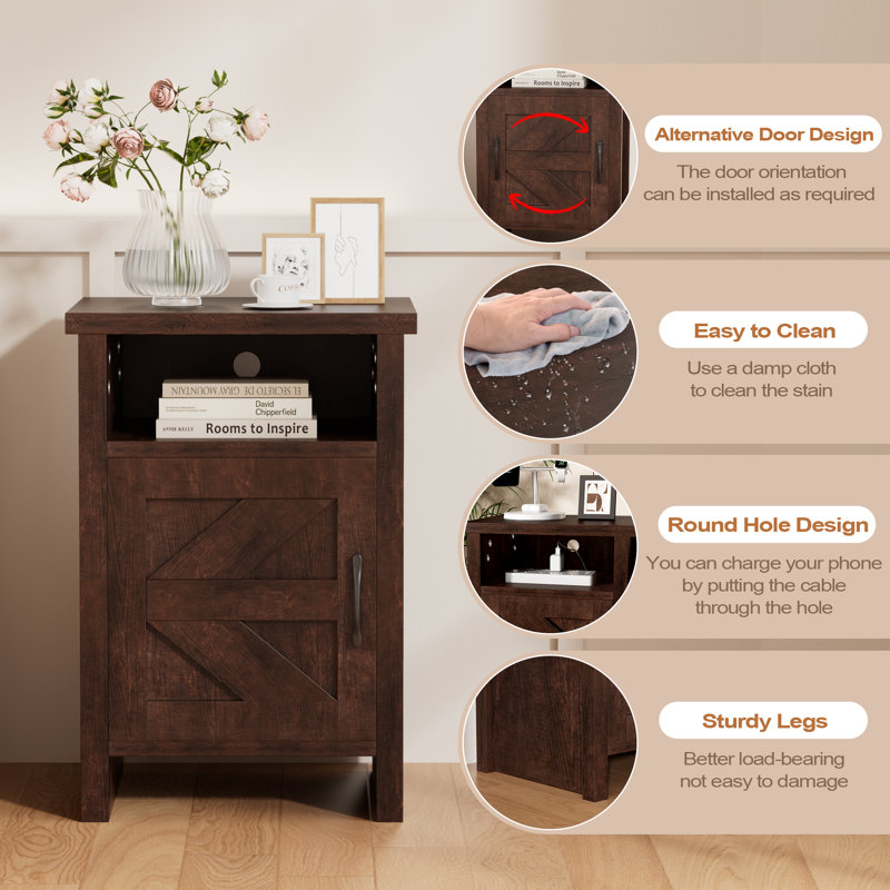 Farmhouse Modern Nightstand with Shelf and Barn Door, Dark Brown, Set of 2
