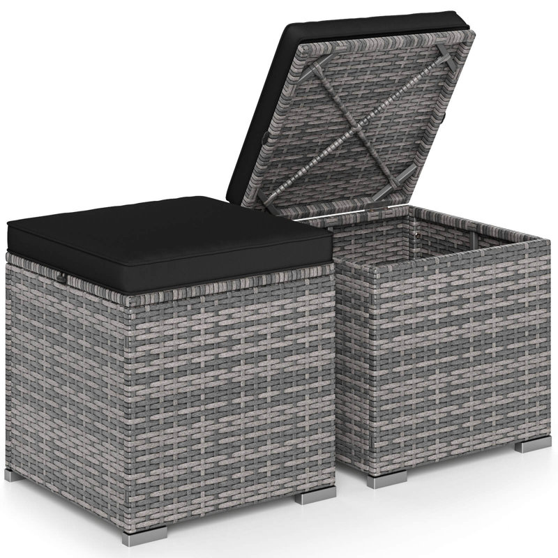 2PCS Patio Rattan Ottomans Seat Side Table Storage Box Footstool with Cushion Black, Black