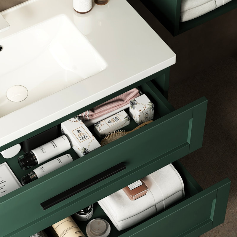 Meuble-lavabo de salle de bain 36 po, armoire moderne, lavabo en céramique blanche, 2 tiroirs, grand espace, fermeture en douceur, facile à installer, avec tiroirs de rangement, mécanisme de fermeture, détail