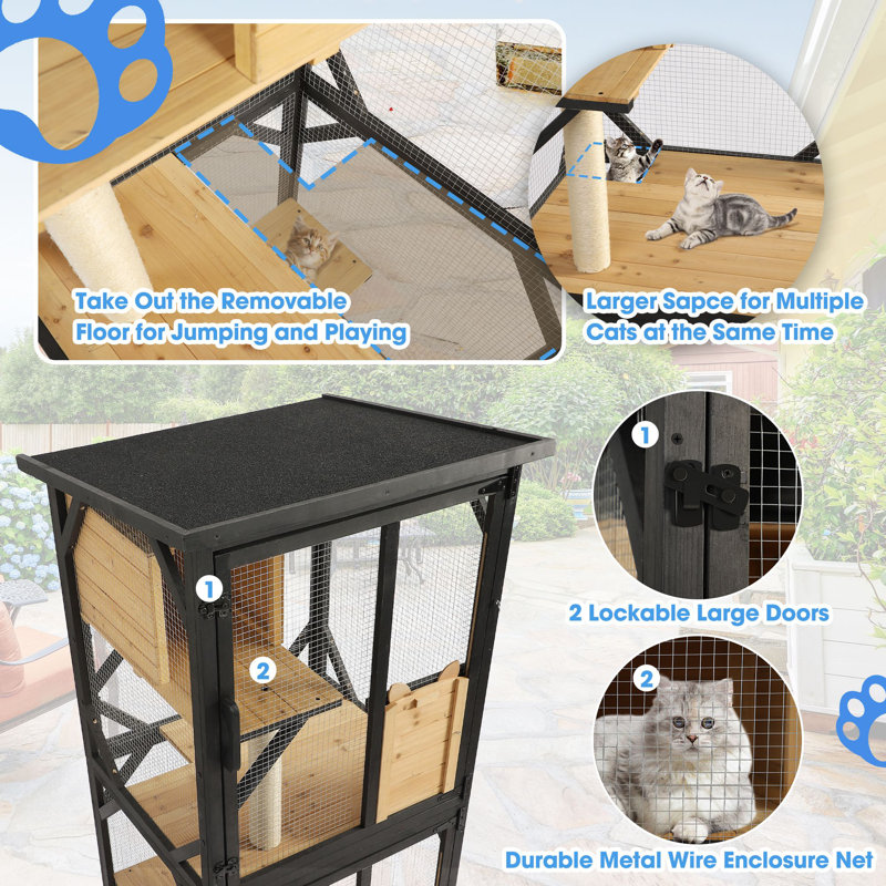Black and Natural 4-Tier Outdoor Wooden Cat House with Wheels