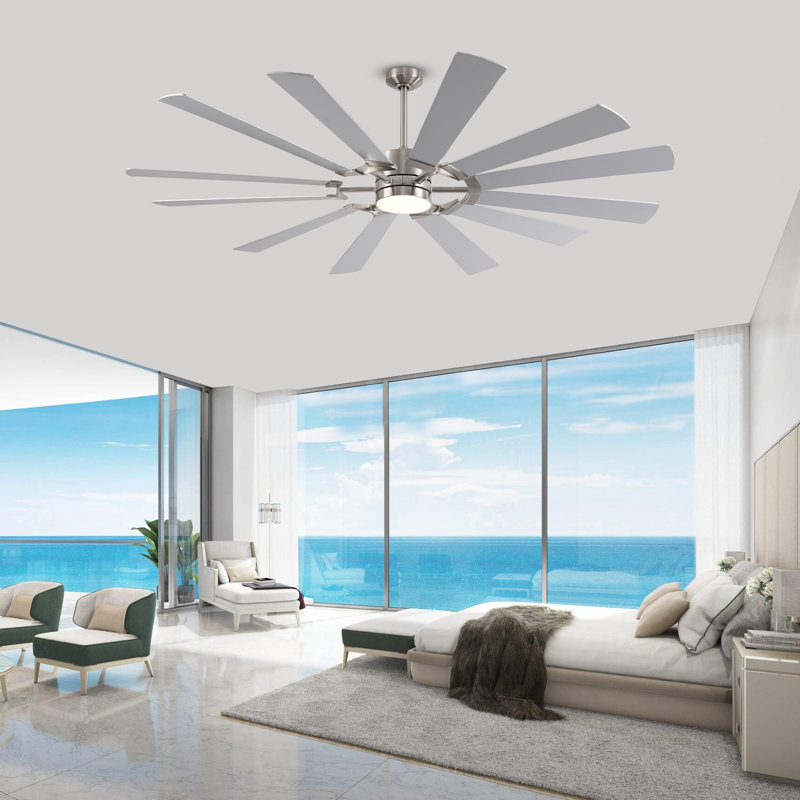 Large 12 Blades Ceiling Fan With Light, Modern Ceiling Fan For Indoor And Outdoor Use, Reversible Dc Motor, Dual Finish Blades In Silver & Walnut, Ceiling Fan With Remote