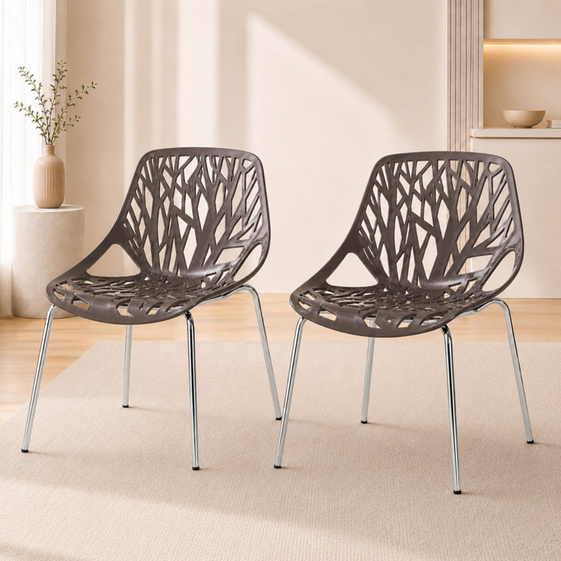 Chaise de salle à manger empilable à motif floral avec pattes en acier inoxydable Dufresne, Taupe