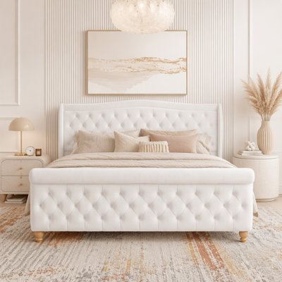King Velvet Upholstered Platform Bed with Wingback and Sleigh Design