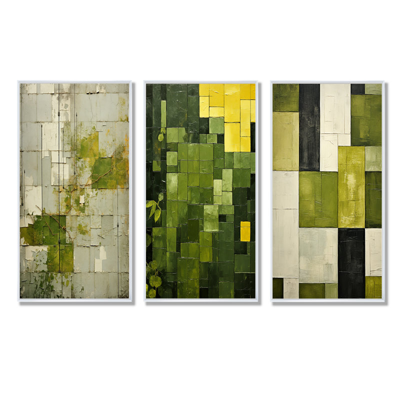 Ensemble de 3 reproductions d'art abstrait vert, Cadre flottant blanc, H 28 po x l 36 po