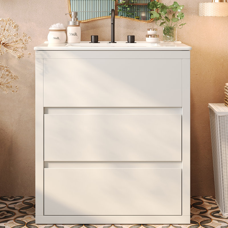 Meuble-lavabo autoportant de 30 po avec lavabo en céramique et 2 tiroirs pleine extension, Blanc
