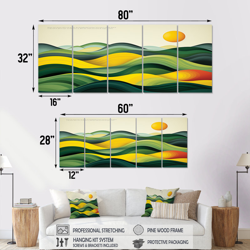 «Green and Yellow Line Art Mountain Valley - Meadow», ensemble de 5 pièces, H 28 po x l 60 po