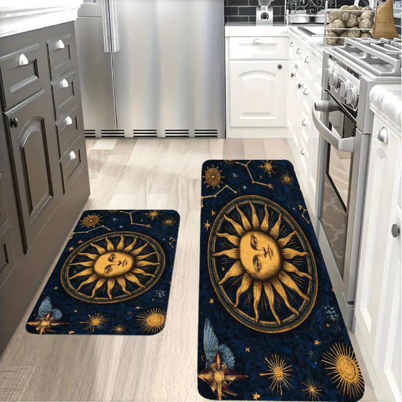 Ensemble de 2 tapis de cuisine bleu marine Celestial Sun pour cuisine et chambre à coucher