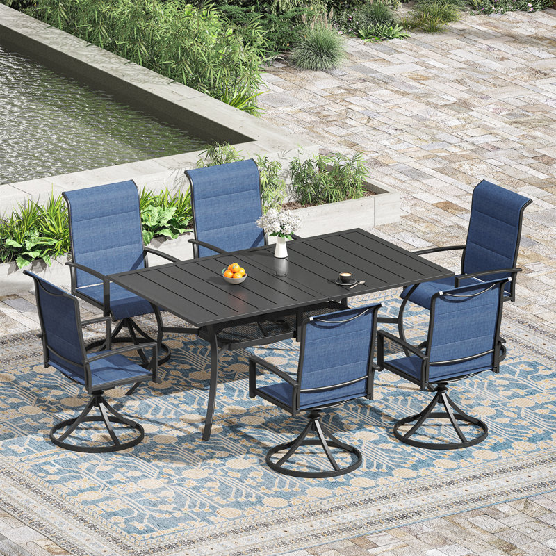 6-Person Rectangular Patio Dining Set Wtin Swivel Chairs, Blue/Black