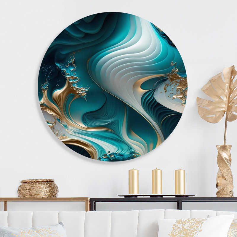 «Abstract Geode Turquoise II», art mural rond en marbre abstrait sur métal, L 29 po x H 29 po