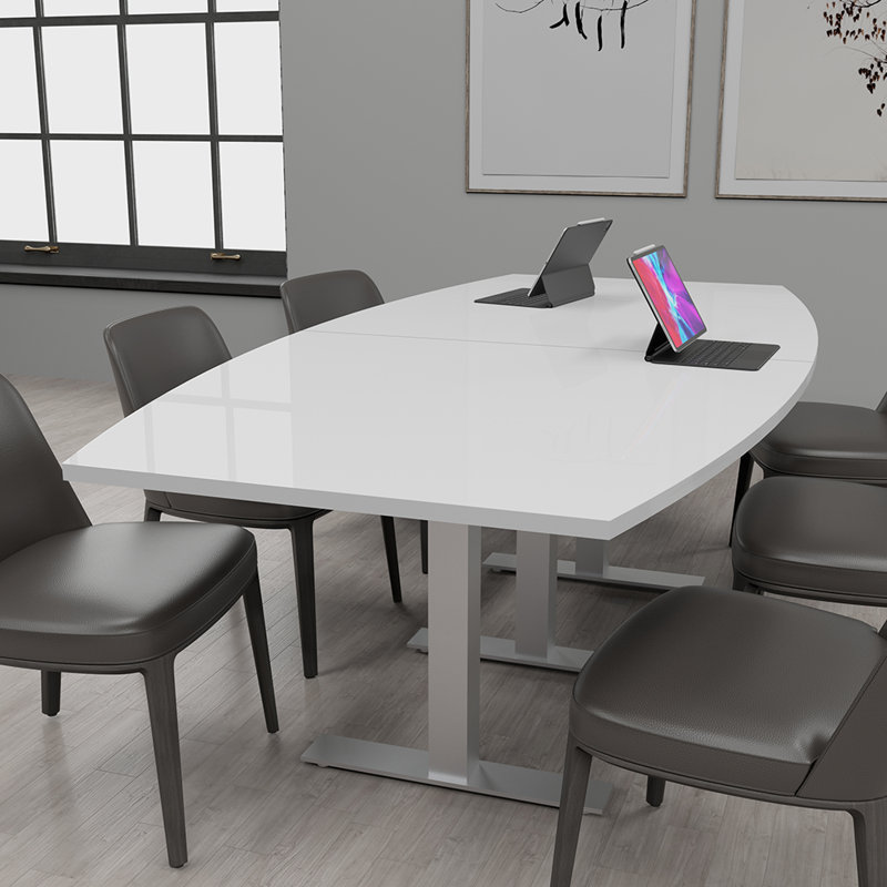 Table de conférence en forme de bateau avec base en T en métal, L 96 po x l 48 po, Blanc classique, Argent argent
