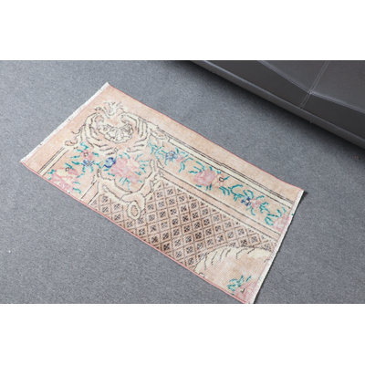 Handwoven Small Beige Turkish Antique Rug Ideal For Entryway And Bath Mat