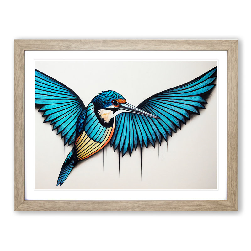 Alluring Kingfisher Bird - Single Picture Frame Print, 25cm H x 34cm W x 2cm D, Oak