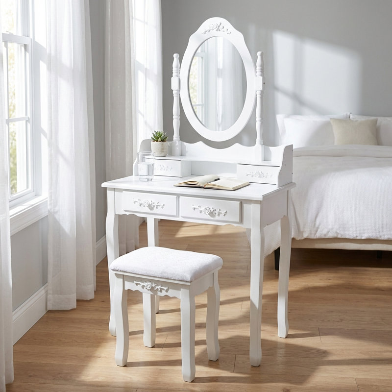 Elegant White Vanity Desk Set with Swivel Mirror and Cushioned Stool, Four-Drawer Wooden Makeup Vanity Table for Bedroom with Ample Storage and Stylish Design