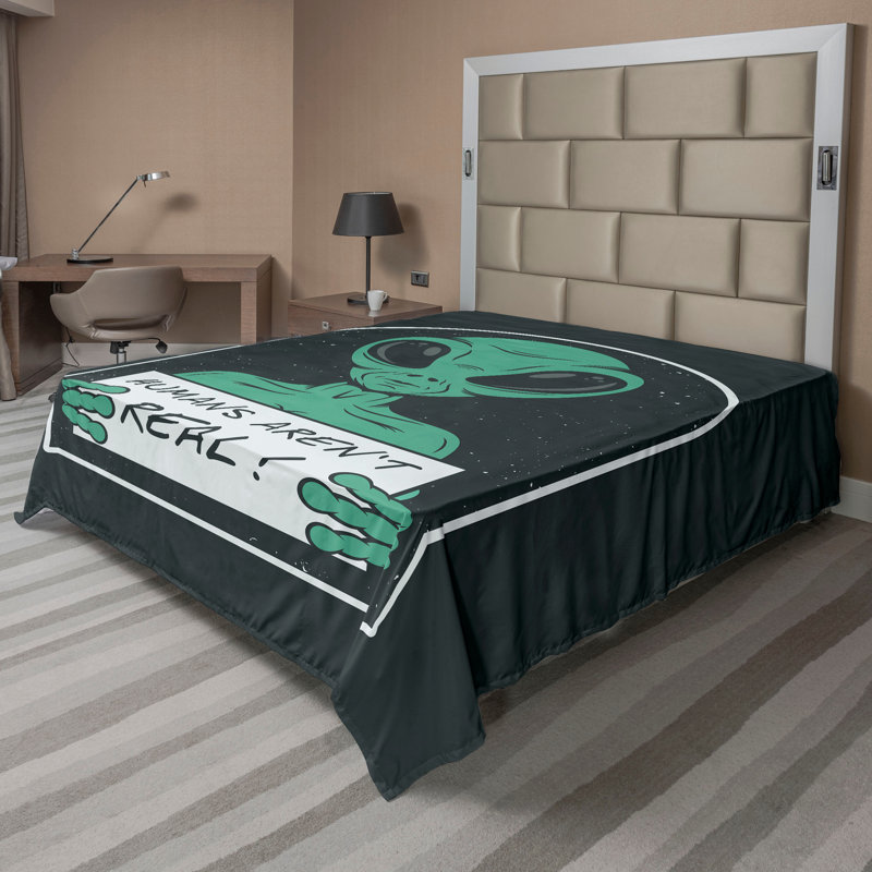 Ambesonne Alien Top Flat Sheet Humans Aren't Real Writing Sea Green Charcoal Grey, Queen Flat Sheet