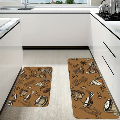 Vintage Coffee Themed Kitchen Mats for Kitchen Cafe, 2 PC, Brown Beige